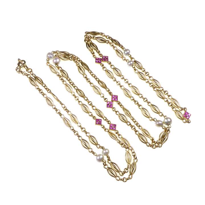 Antique gold, ruby and pearl long chain necklace